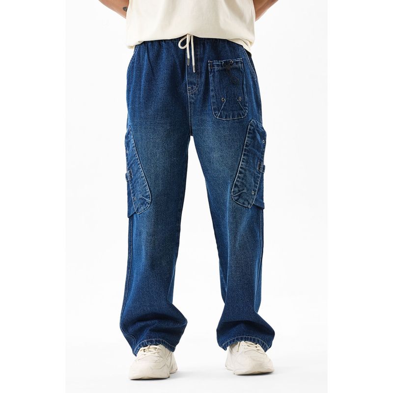 Snitch Blue Textured Relaxed Casual Cargo Jeans for Men (32)