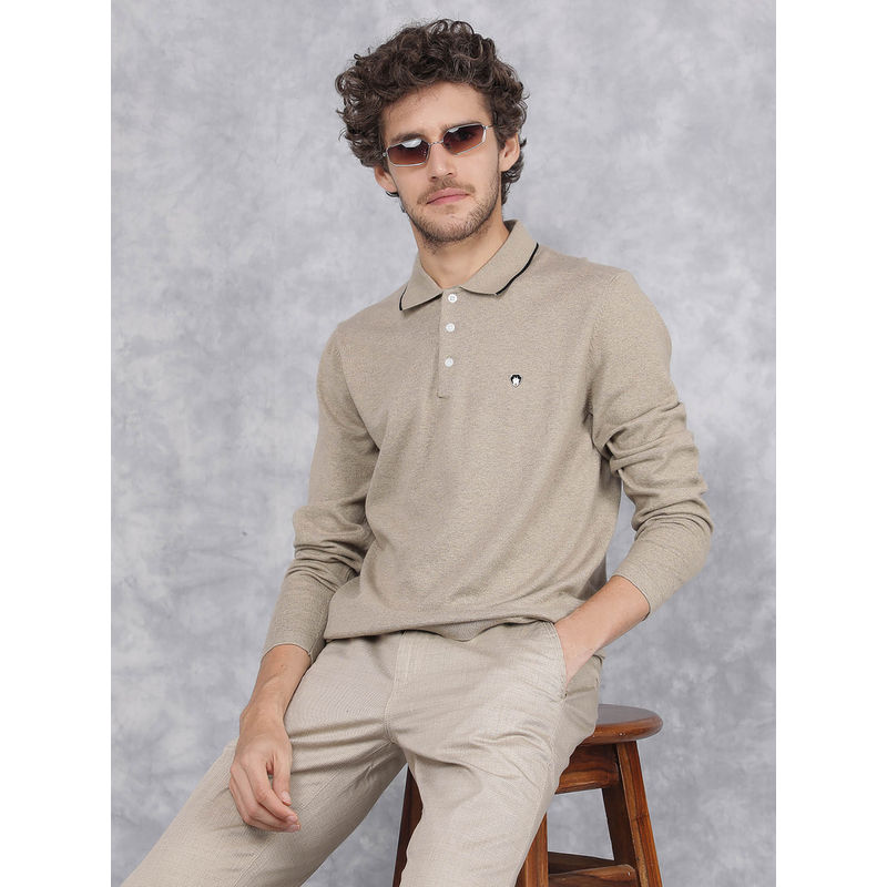 CRIMSOUNE CLUB Men's Beige Collar Neck Long Sleeves T-Shirt (2XL)