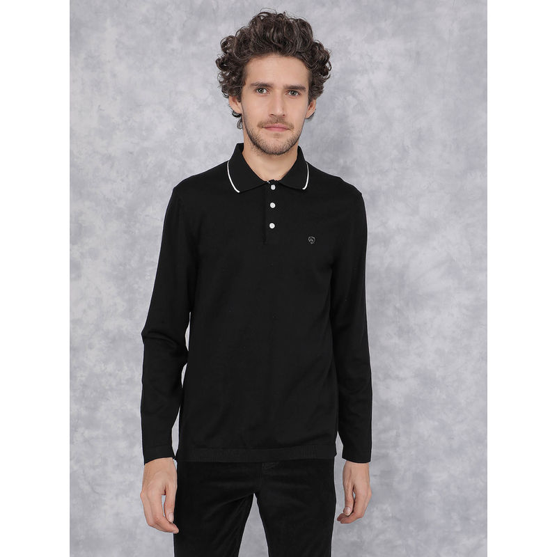 CRIMSOUNE CLUB Men's Black Collar Neck Long Sleeves T-Shirt (M)