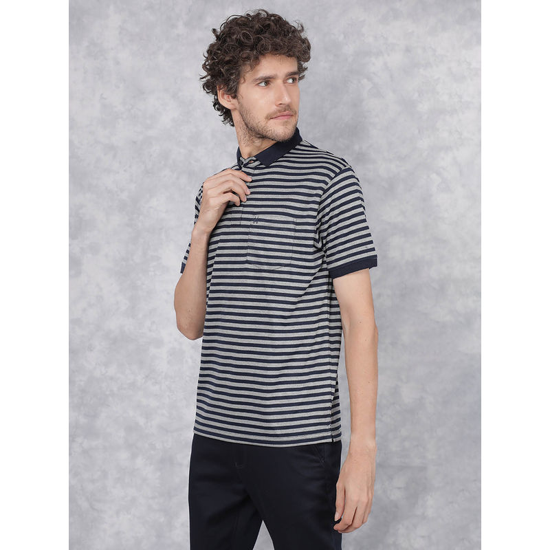 CRIMSOUNE CLUB Men's Navy Blue Horizontal Stripes Collar Neck Polo T-Shirt (M)