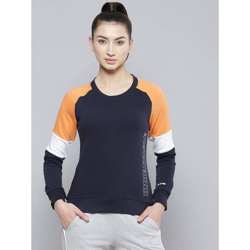 Alcis Women Navy Blue Orange Colour blocked Cotton Sweatshirt With Side Applique Prints (S)