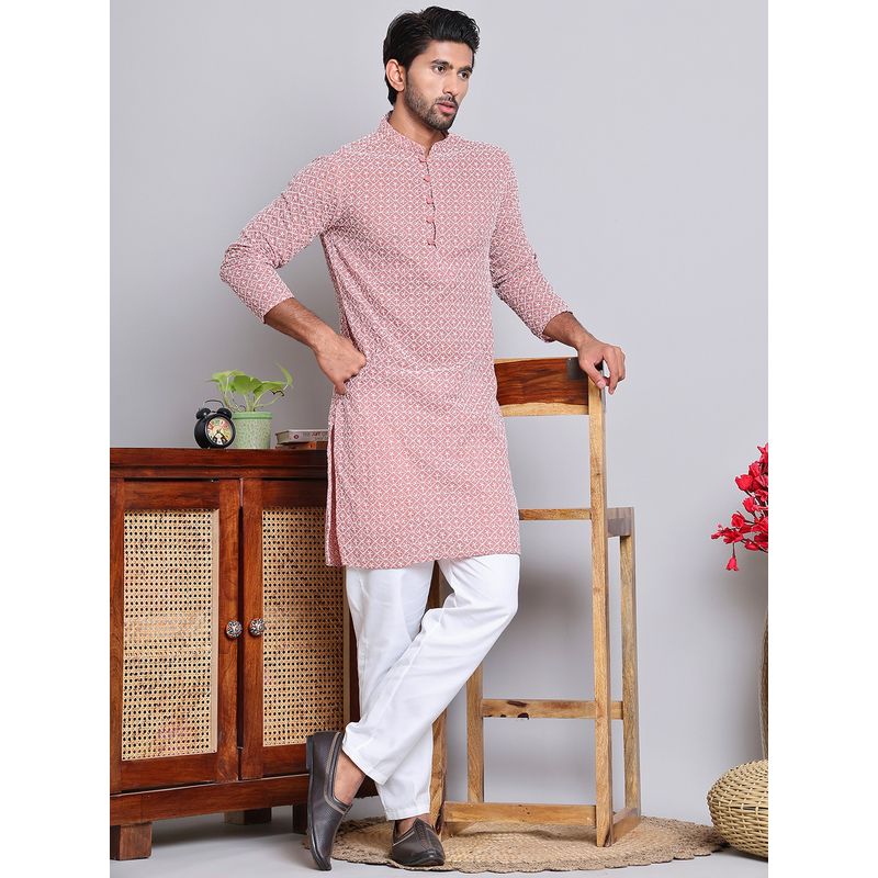 Jompers Men's Coral Pure Cotton Thread Work Kurta with Pyjama (S)