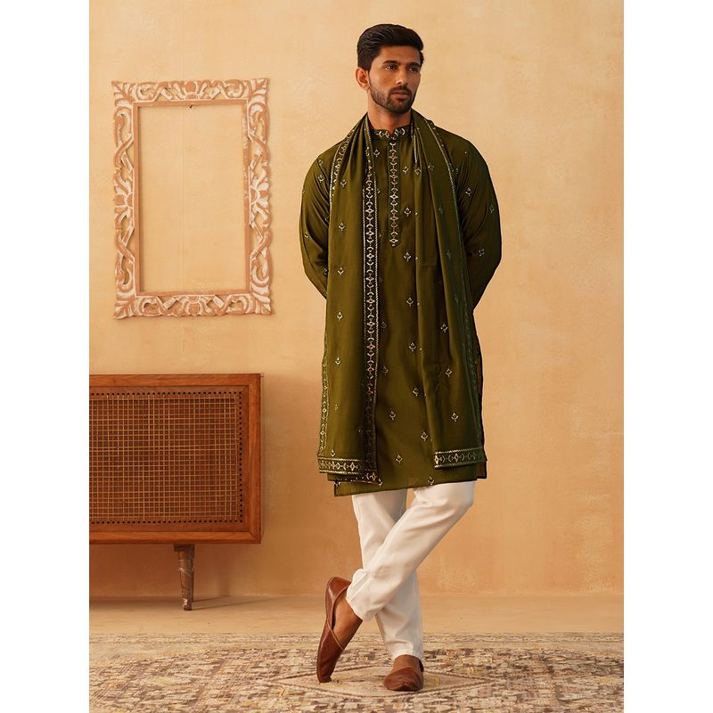 Jompers Men's Olive Embroidered and Sequin Kurta Pyjama With Dupatta (S)