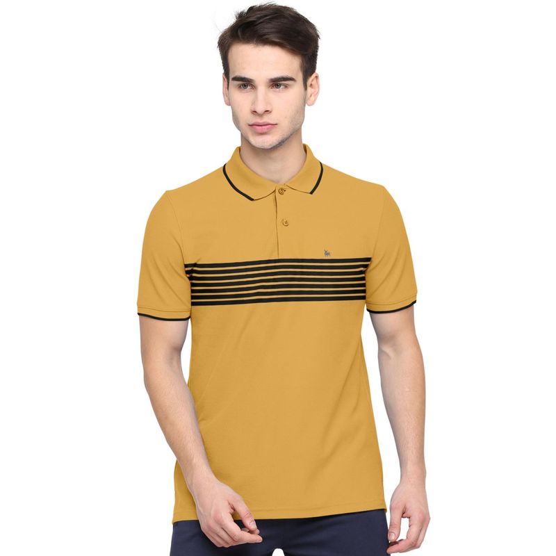 BULLMER Yellow Men Cotton Blend Polo Neck Stripes T-Shirts (S)