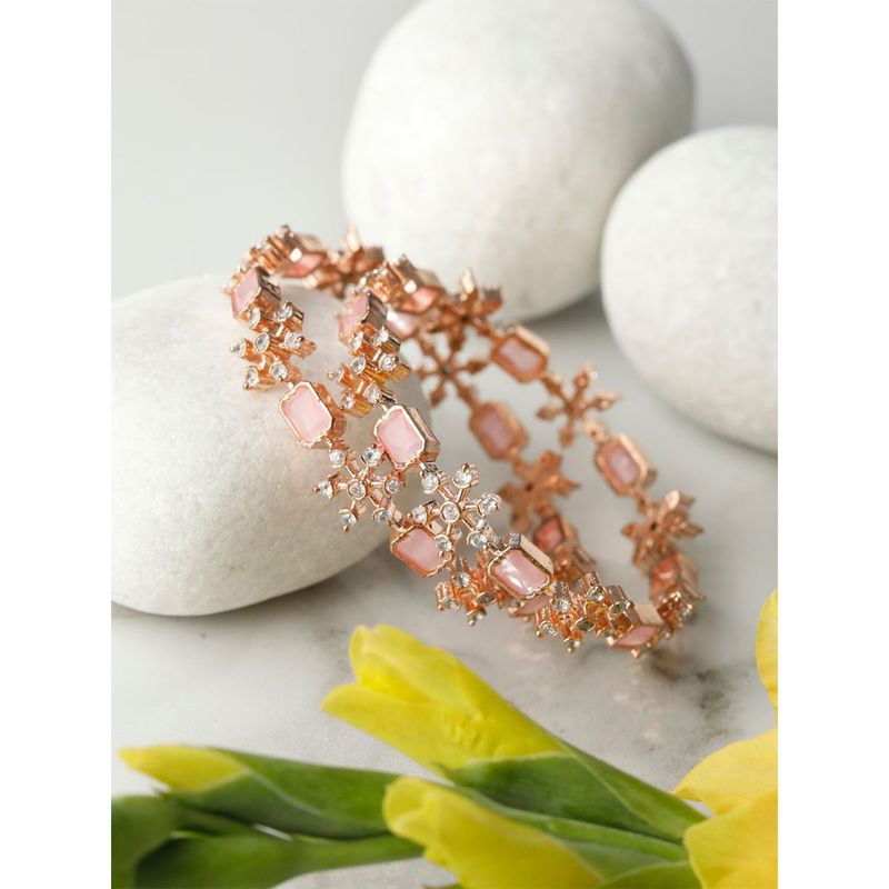Priyaasi Pink American Diamond Rose Floral Gold Plated Set Of 2 Bangle Set
