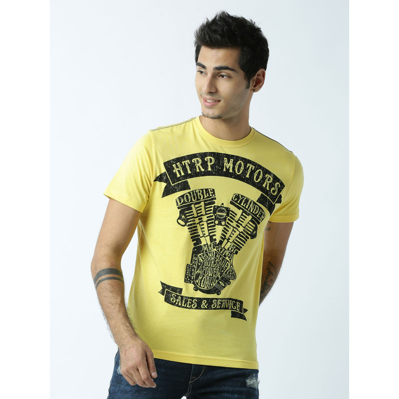Huetrap Mens Printed Round Neck Yellow T-Shirt (S)