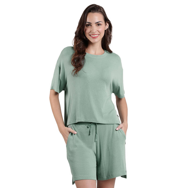 Amante Green Round Neck Half Sleeves Serene Dream Sleep Top (M)