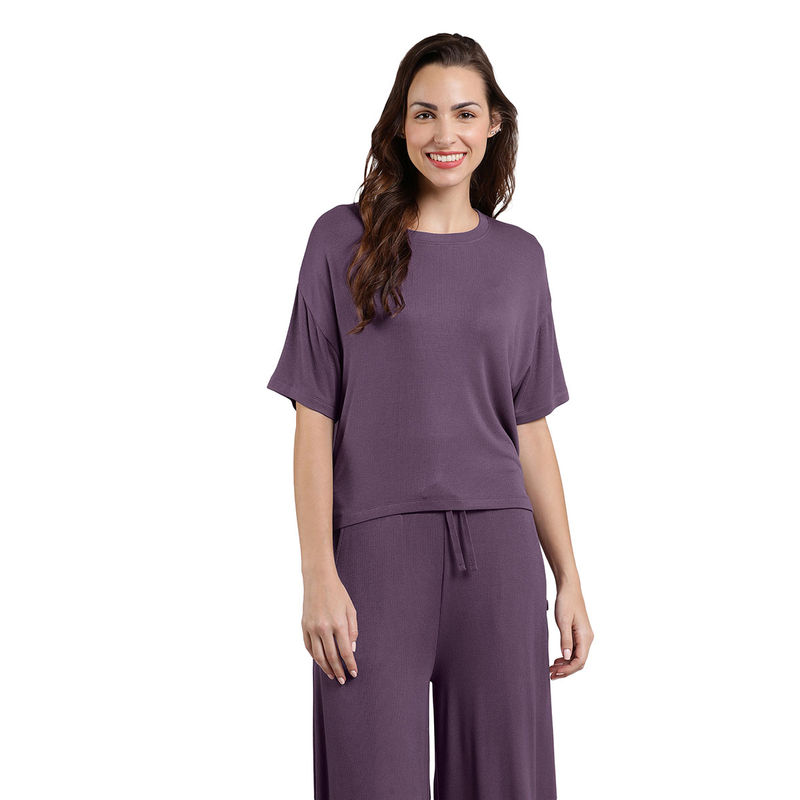 Amante Purple Round Neck Half Sleeves Serene Dream Sleep Top (XL)