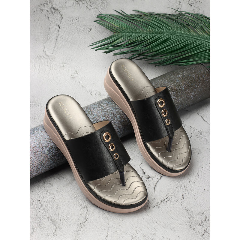 Iconics Women Black Comfort Sandals (EURO 41)
