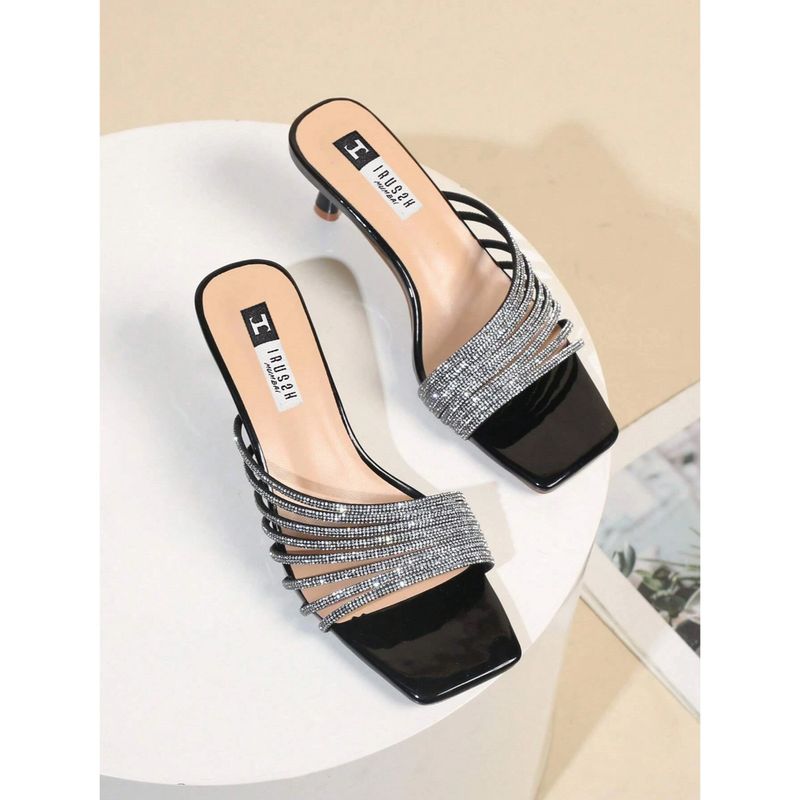 IRUSSH Black Diamond Studded Slant Strips Heels (EURO 35)