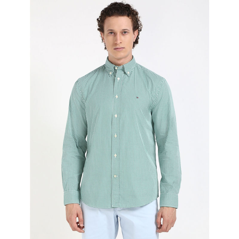 Tommy Hilfiger Green Checks Regular-Fit Poplin Shirt (XS)