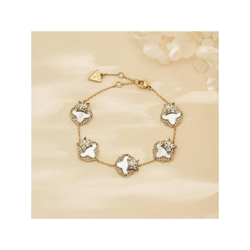 Guess Wild Flower Chain Bracelet For Women, Stainless Steel, Anti-Tarnish, Gold-Plated (White, L)
