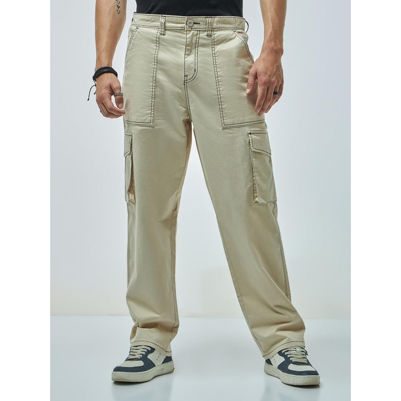 Bewakoof Men's Beige Straight Fit Cargo Pants (32)