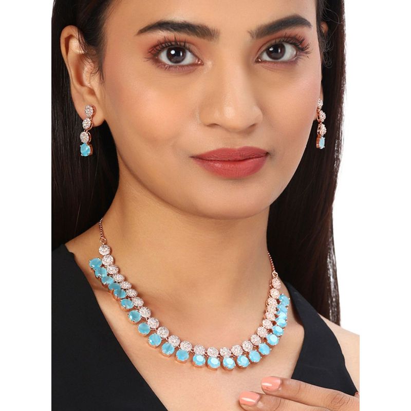 Voylla American Diamond CZ Rose Gold Plated Brass Necklace with Blue
