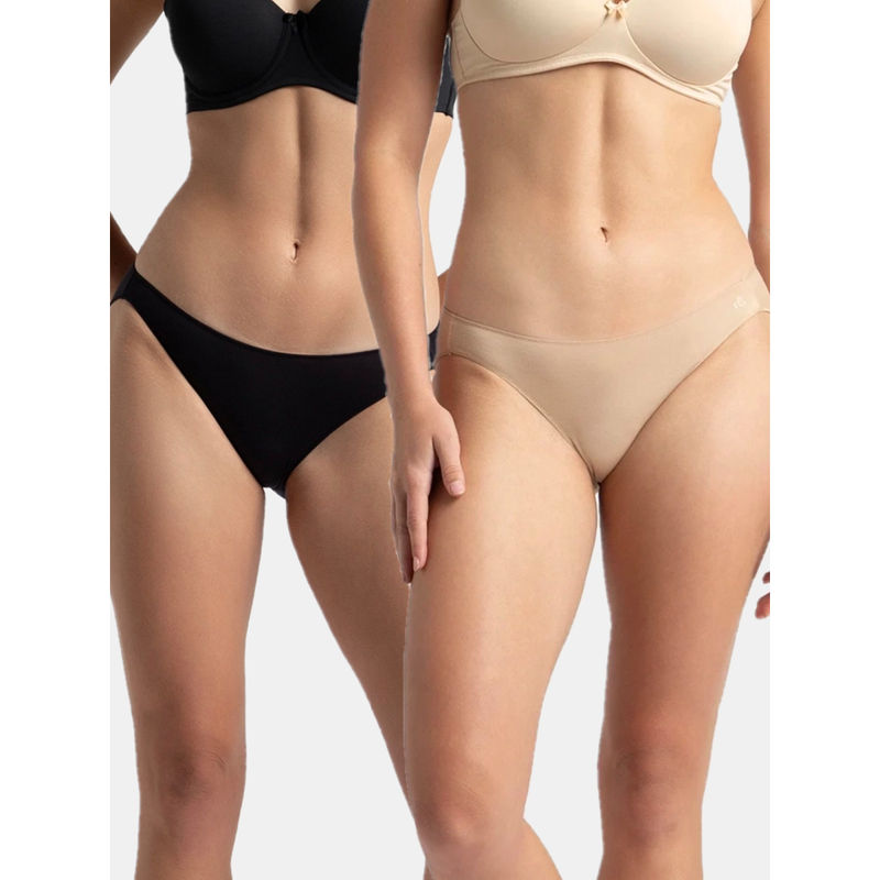 Jockey 1803 Women Medium Coverage Modal Bikini - Black & Skin (Pack of 2) (S)
