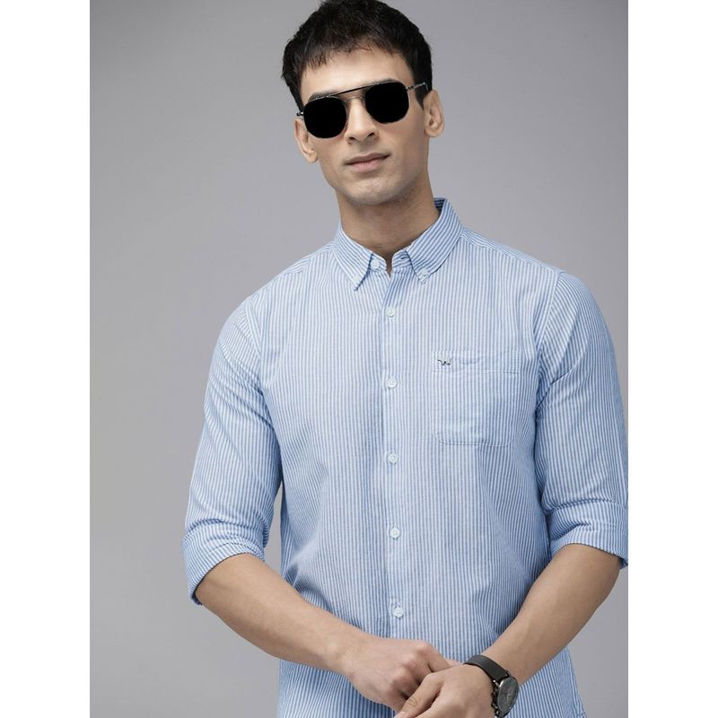 THE BEAR HOUSE Mens Blue Striped Slim Fit Casual Shirt (M)