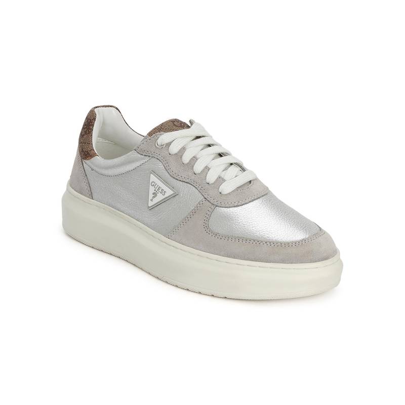 Guess Silver Leather Round Toe Pu Pair Of Sneakers (UK 4)