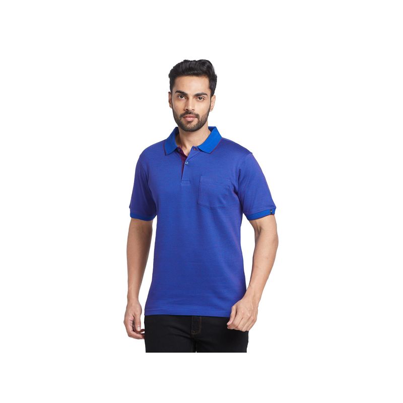 Raymond Contemporary Fit Woven Design Dark Blue Polo T-Shirt (M)