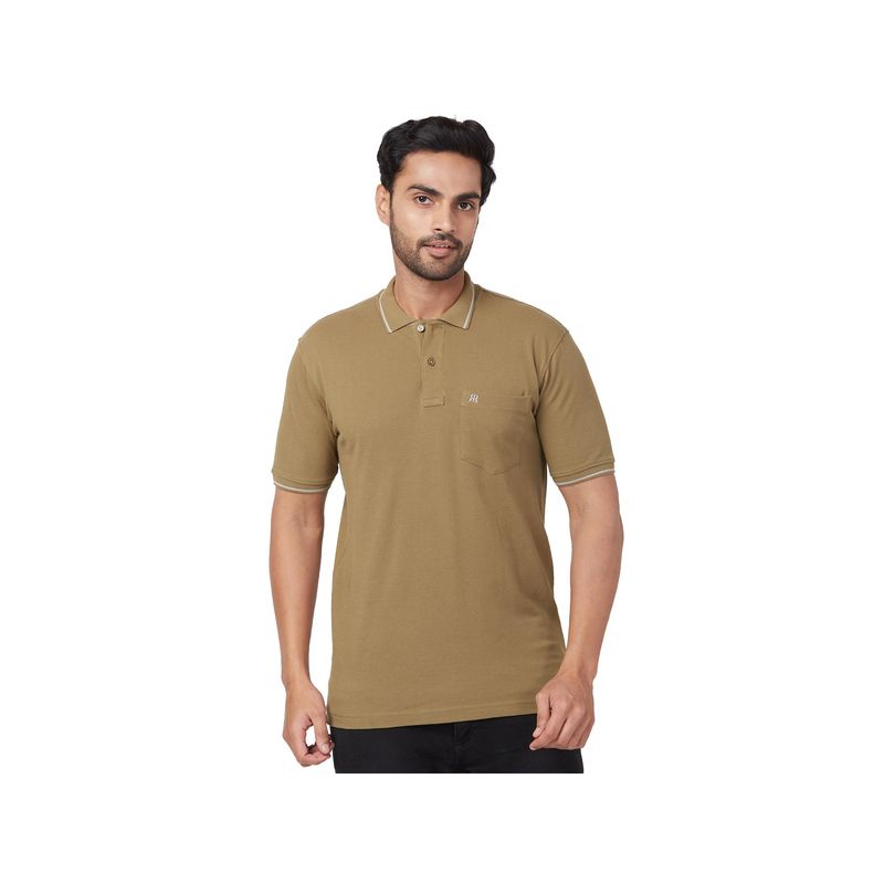 Raymond Slim Fit Solid Medium Khaki Polo T-Shirt (L)