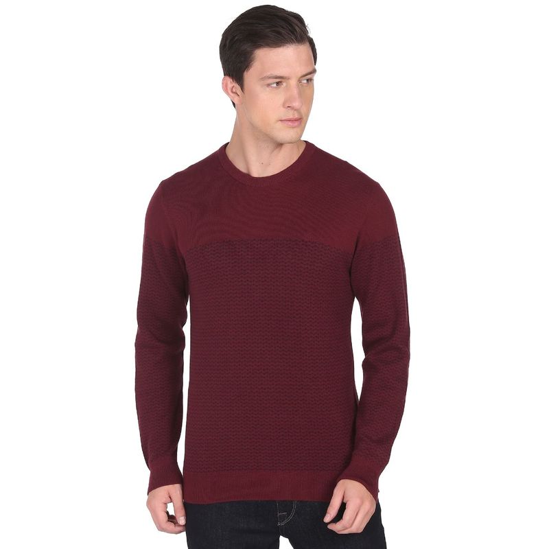 Arrow Men Maroon Crew Neck Patterned Knit Sweater (L)
