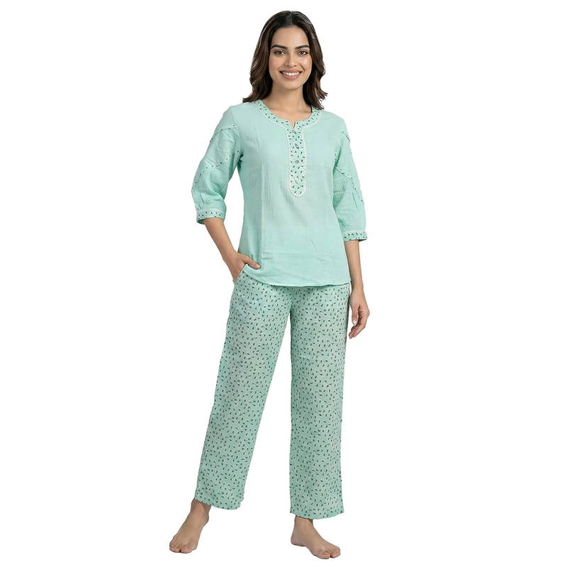 Juliet Womens Soft Cotton Embroidered Top with Printed Pyjama Green (XL)