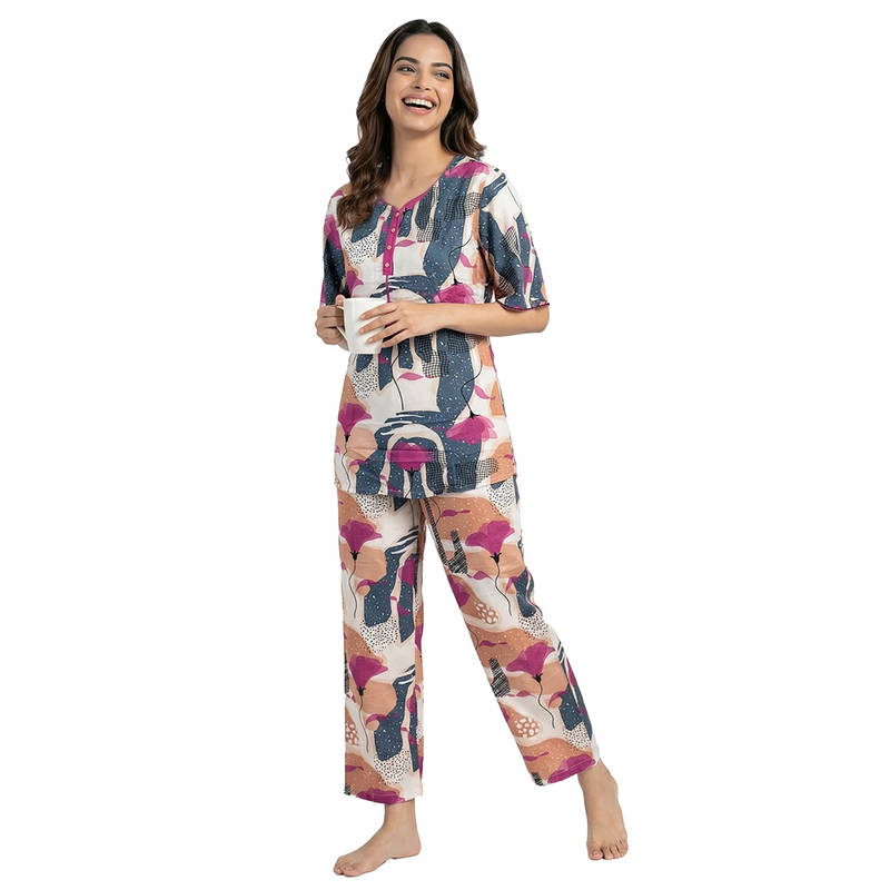 Juliet Womens Floral Printed Nightsuit - Soft Cotton Blend Multi-Color (L)