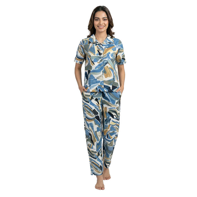 Juliet Womens Abstract Print Cotton Nightsuit Blue (M)