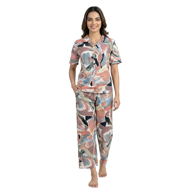 Juliet Womens Abstract Print Cotton Nightsuit Peach (M)