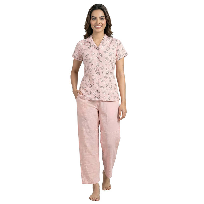 Juliet Womens Cotton Soft And Breathable Floral Printed Nightsuit Peach (2XL)