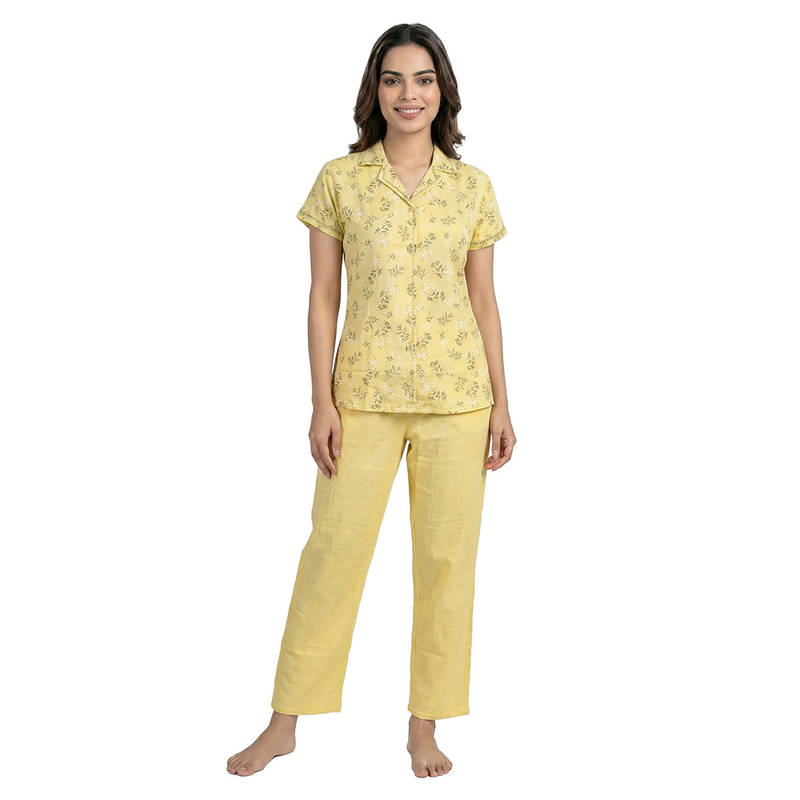 Juliet Womens Cotton Soft And Breathable Floral Printed Nightsuit Yellow (XL)