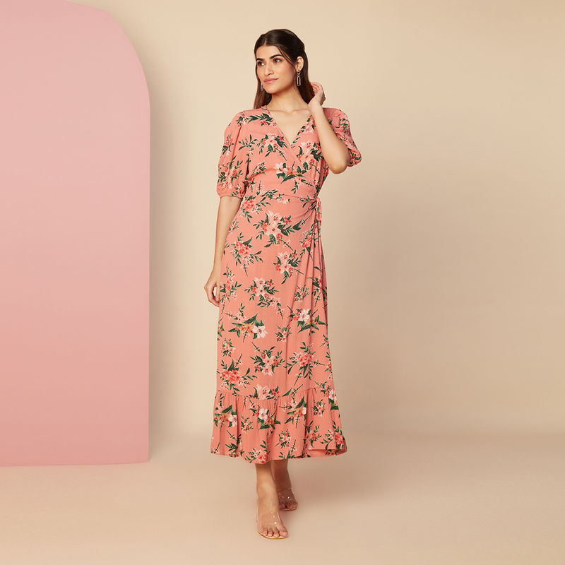 Twenty Dresses by Nykaa Fashion Pink Floral Printed V Neck Fit and Flare Midi Wrap Dress 2XL