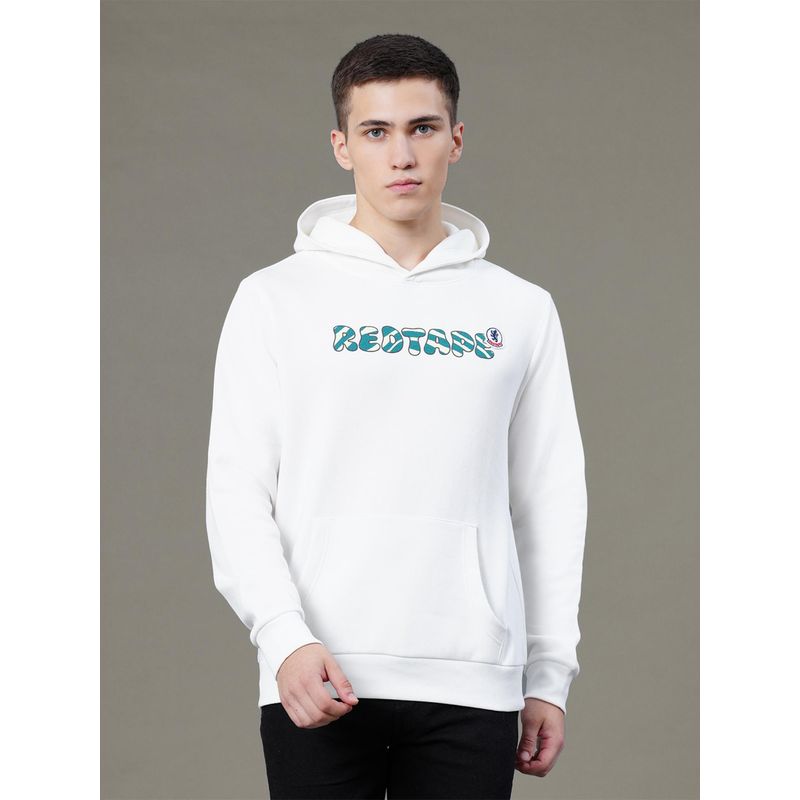 Red Tape Mens Off White Graphic Print Cotton Polyester Fleece Baggy Fit Hoodie (L)