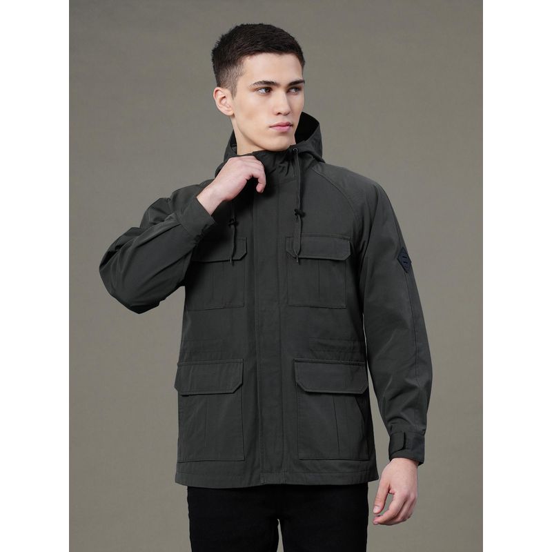 Red Tape Men's Dark Olive Solid Poly Cotton Hooded Jacket (L)