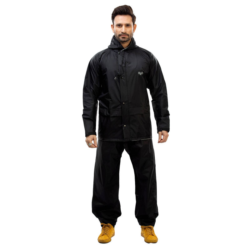 Reliable Rainwear Men Black H2O Marco Polo Raincoat with Pant & Carry Bag (Set of 3) (2XL)