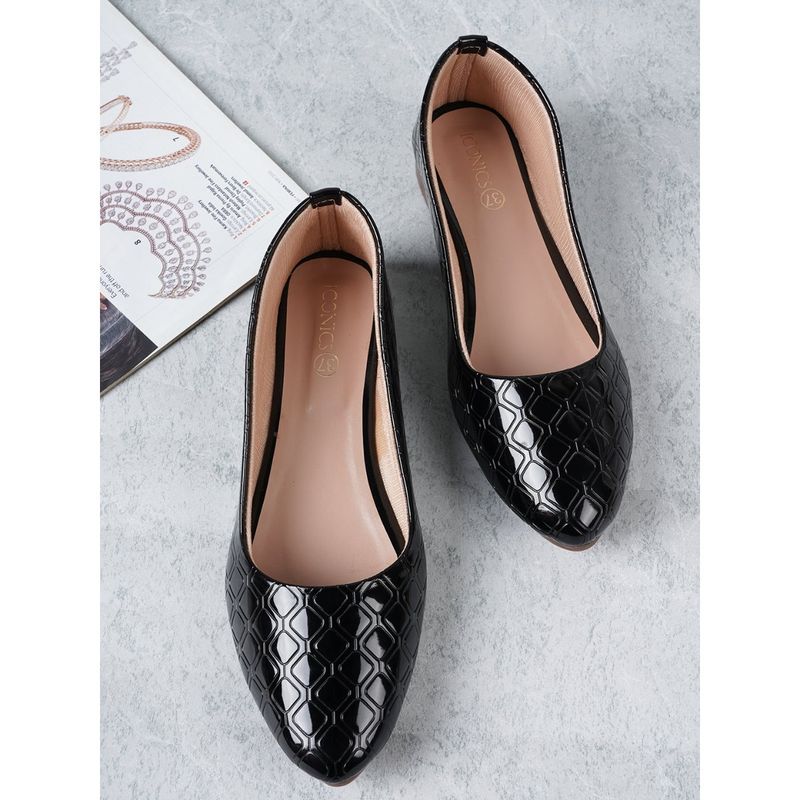 Iconics Solid Black Western Solid Textured Ballerinas (EURO 38)