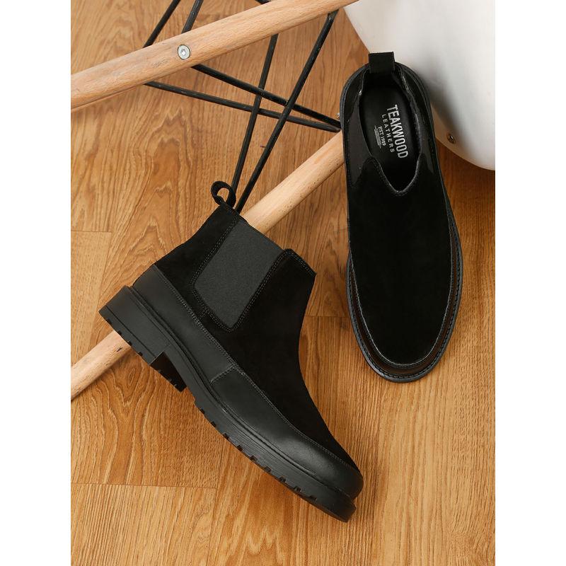 Teakwood Men Suede Round Toe Black Regular Boots (UK 6)