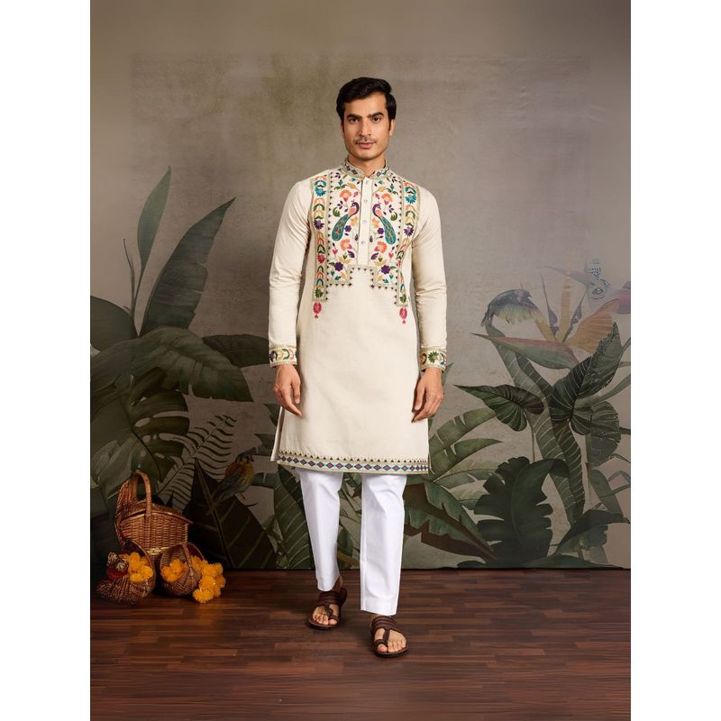Odette Beige Viscose Silk Embroidered Stitched Kurta (M)