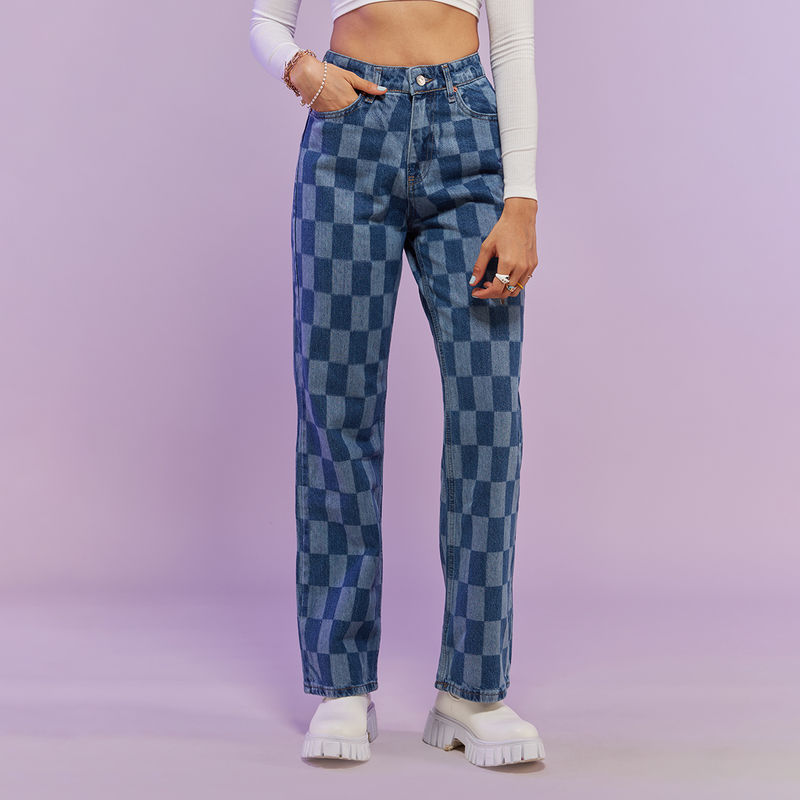 MIXT by Nykaa Fashion Blue Checked High Waist Straight Fit Denims (26)