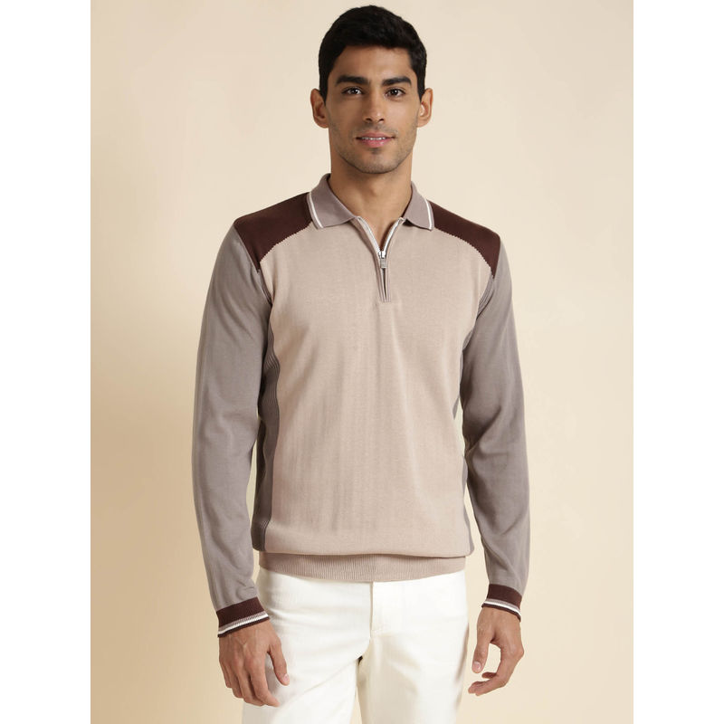Andamen Mens Brown Full Sleeves Collar Neck Regular Fit Polo T-Shirt (M)