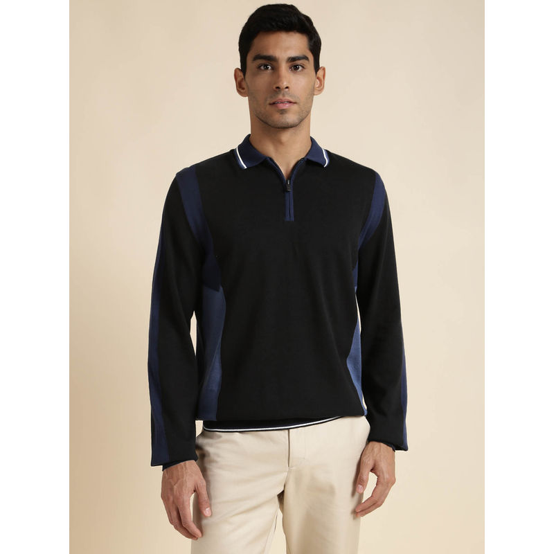 Andamen Mens Navy Blue Full Sleeves Collar Neck Regular Fit Polo T-Shirt (L)