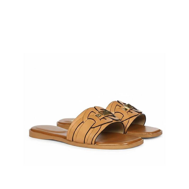 Saint G Women Pyramid Stud Tan Leather Flats (UK 3)