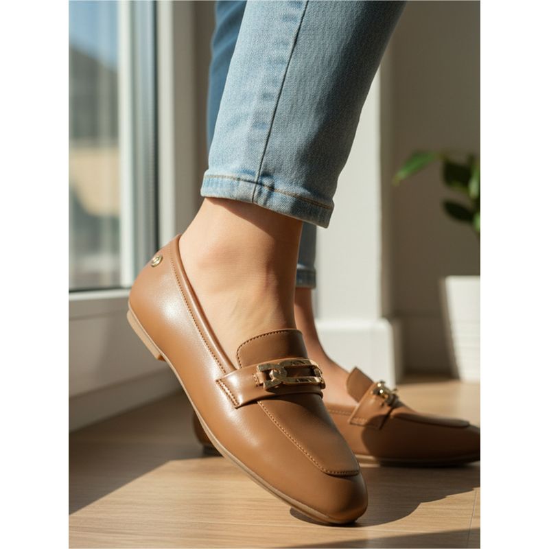 ELLE Tan Synthetic Round Toe Loafers (EURO 37)