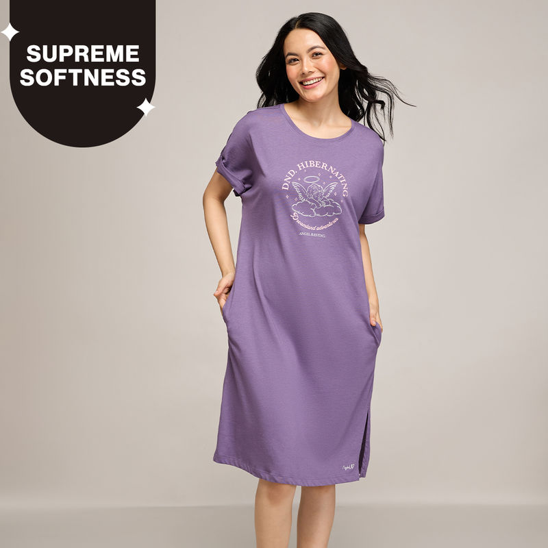 Nykd By Nykaa Buttery Soft Modal Cotton Dress With Extended Roll Up Sleeves Nys929 Purple (S)