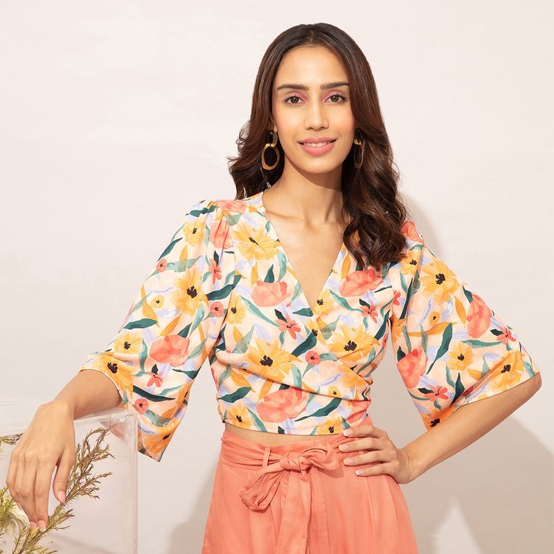 Twenty Dresses by Nykaa Fashion Multicolor Floral Printed V Neck Bell Sleeves Crop Top (XS)