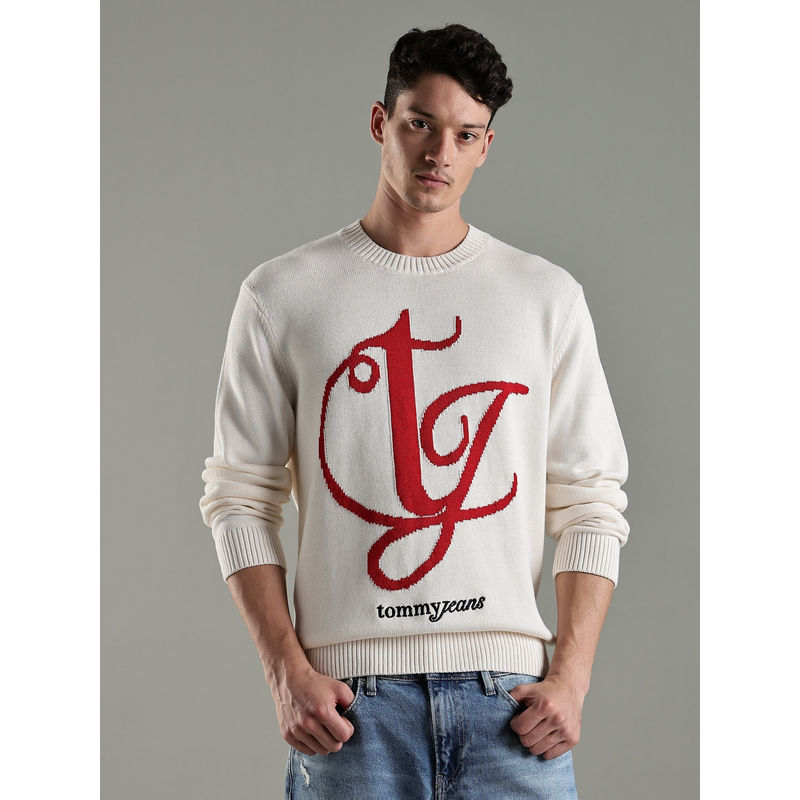 Tommy Hilfiger Men Off White Embroidered Regular Fit Cotton Sweater (M)