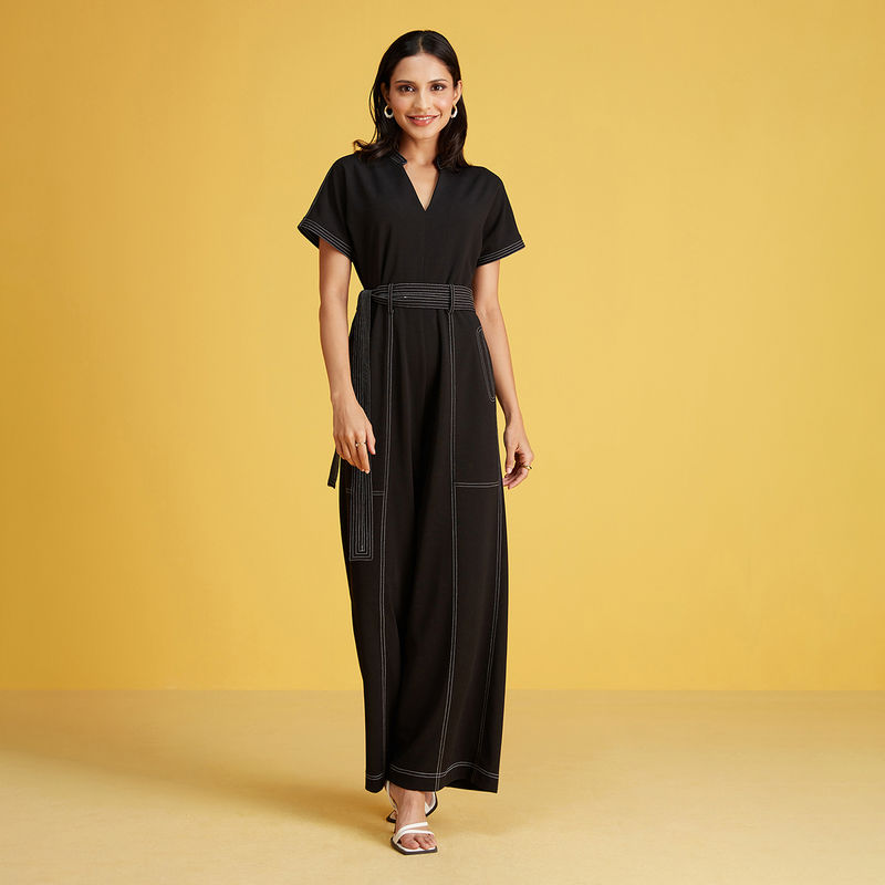 Twenty Dresses by Nykaa Fashion Work Black V Neck Wide Leg Jumpsuit (Set of 2) (XL)