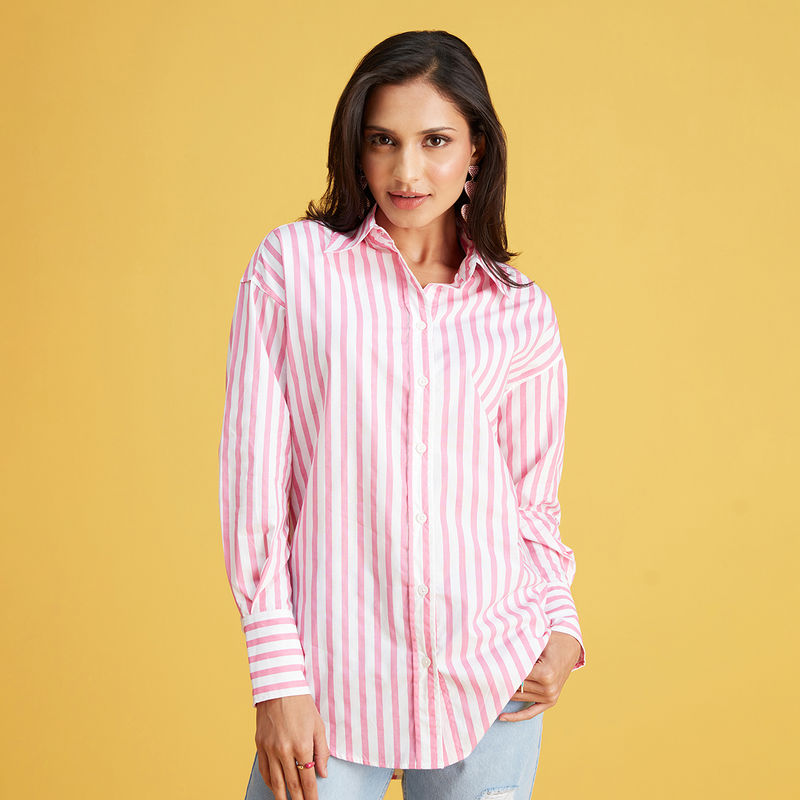 Twenty Dresses by Nykaa Fashion Pink And White Striped Full Sleeves Cotton Shirt (XS)
