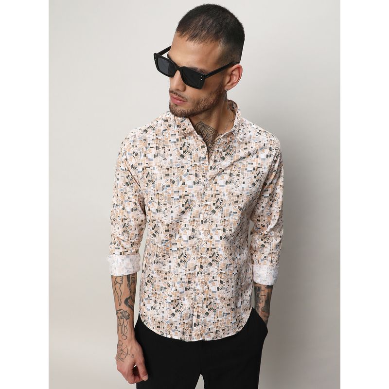 Campus Sutra Men Beige Cotton Printed Casual Shirt (S)