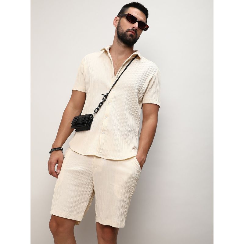Campus Sutra Men Cream Blended Fabric Textured Co-Ord (Set of 2) (L)