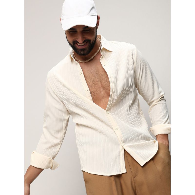 Campus Sutra Men Cream Polyester Textured Casual Shirt (L)